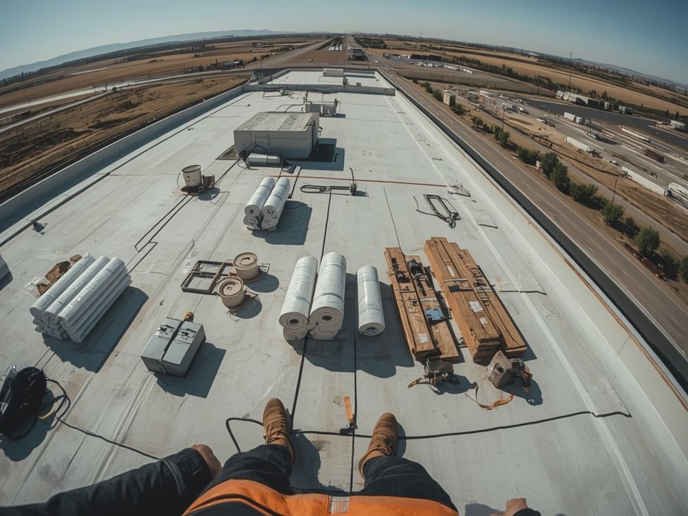 Roofing membrane, insulation boards and equipment staged on a commercial roof in American Canyon, California
