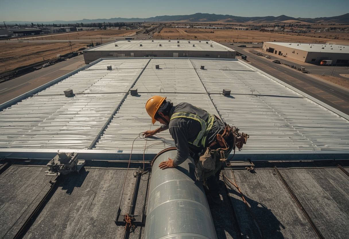 Roofer seaming a standing seam metal panel in American Canyon, California