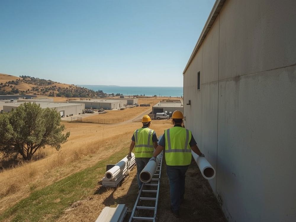 Roofers carrying a membrane roll and ladder to a commercial building in Benicia, California