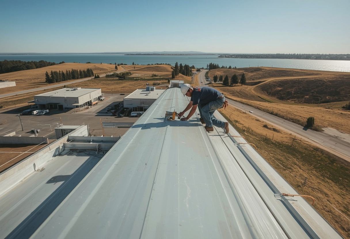 Roofer seaming a standing seam metal panel in Benicia, California