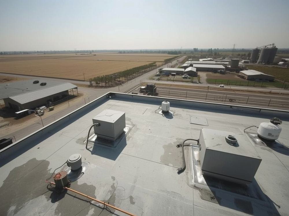 Finished commercial roof with HVAC curbs and drains in Dixon, California