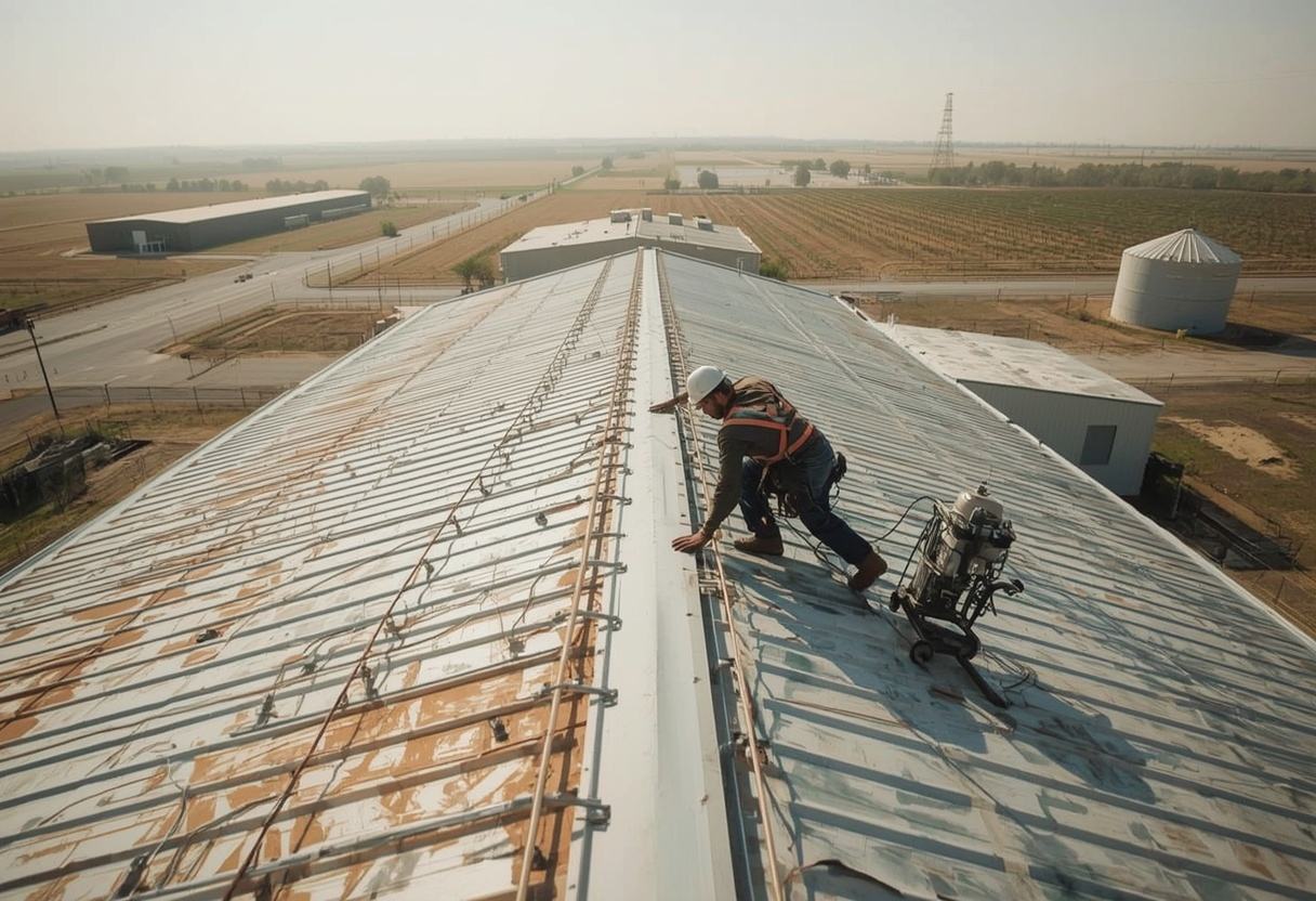 Roofer seaming a standing seam metal panel in Dixon, California