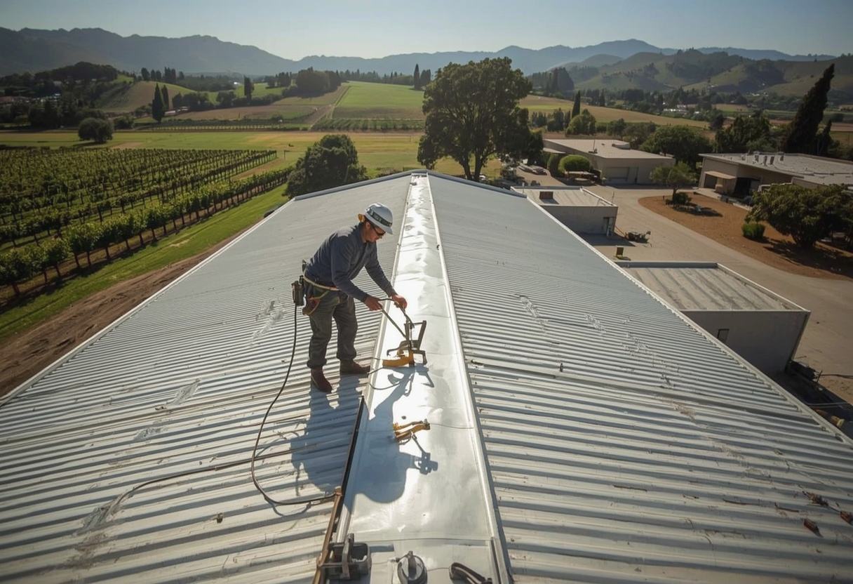 Roofer seaming a standing seam metal panel in Napa, California