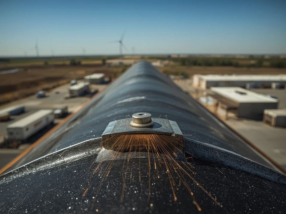 Close-up of a welded membrane seam and flashing detail on a commercial roof in Rio Vista, California