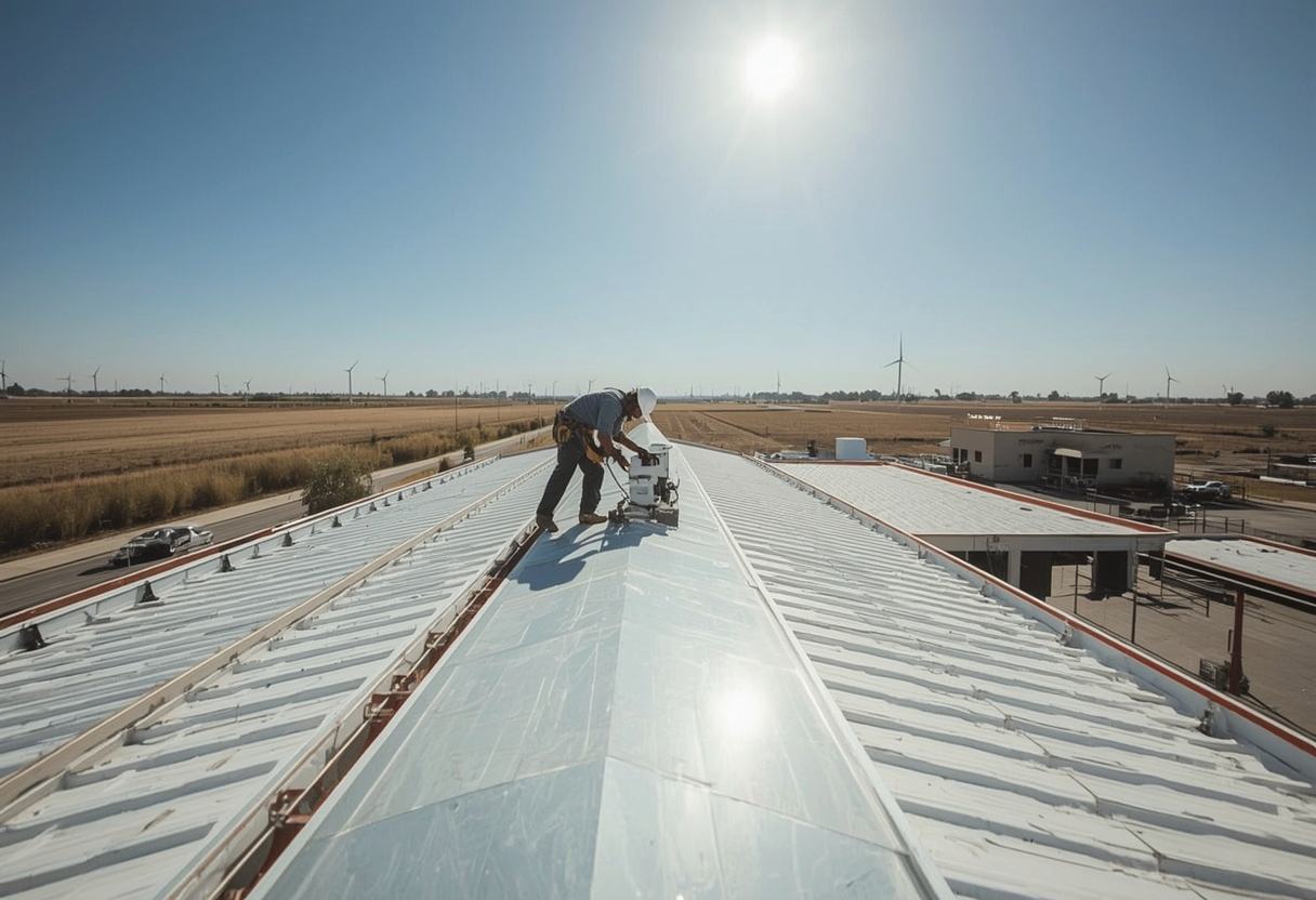 Roofer seaming a standing seam metal panel in Rio Vista, California