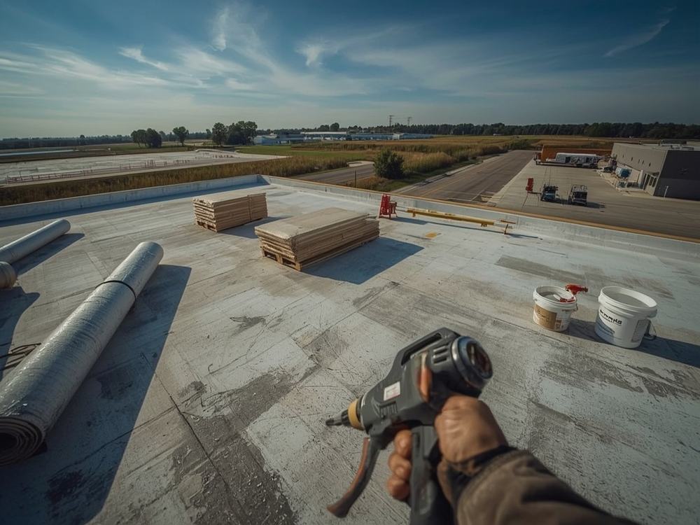 Roofing membrane, insulation boards and equipment staged on a commercial roof in Suisun City, California
