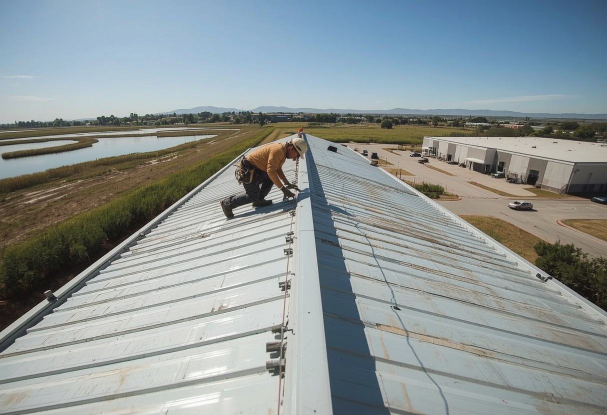 Roofer seaming a standing seam metal panel in Suisun City, California