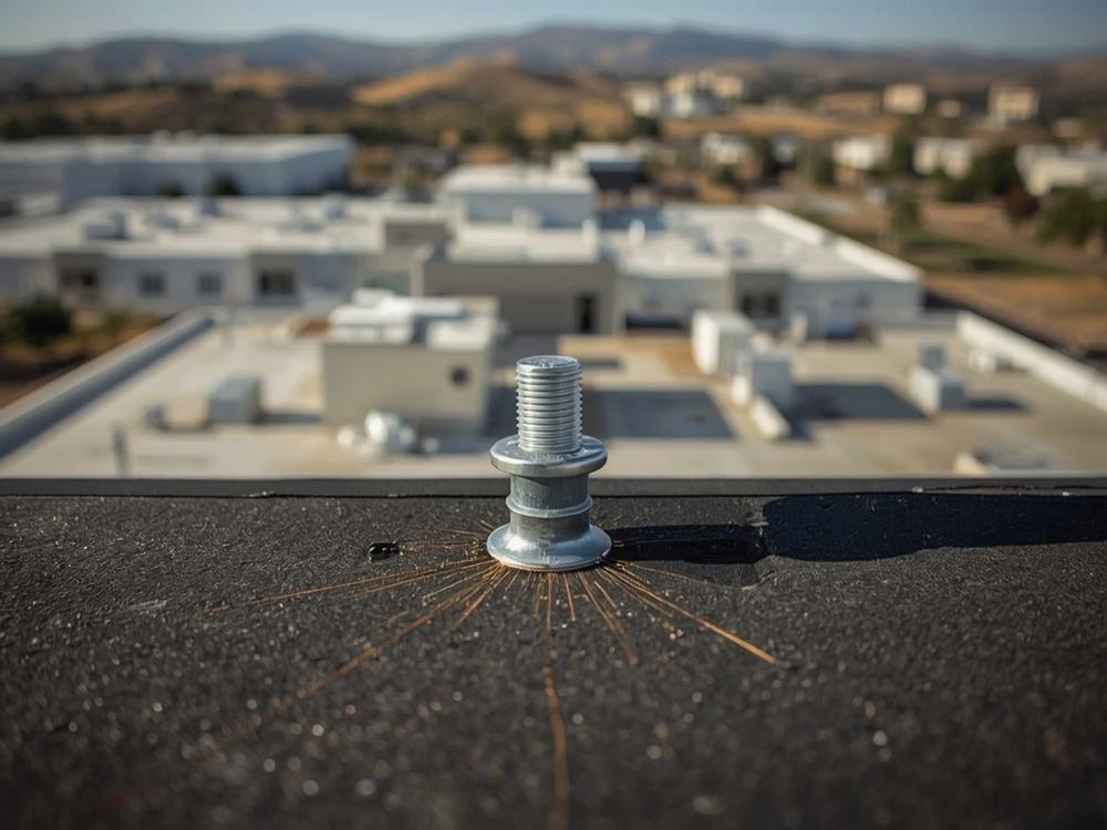 Close-up of a welded membrane seam and flashing detail on a commercial roof in Vacaville, California