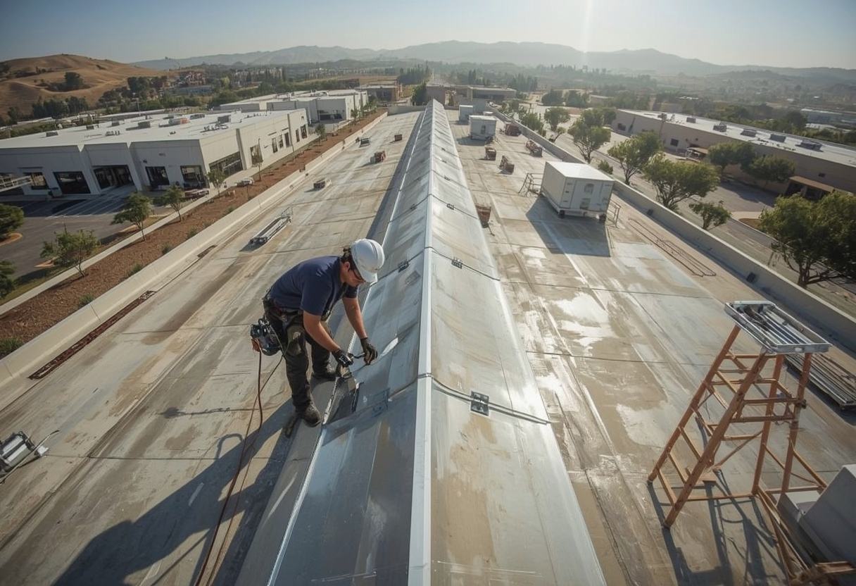 Roofer seaming a standing seam metal panel in Vacaville, California