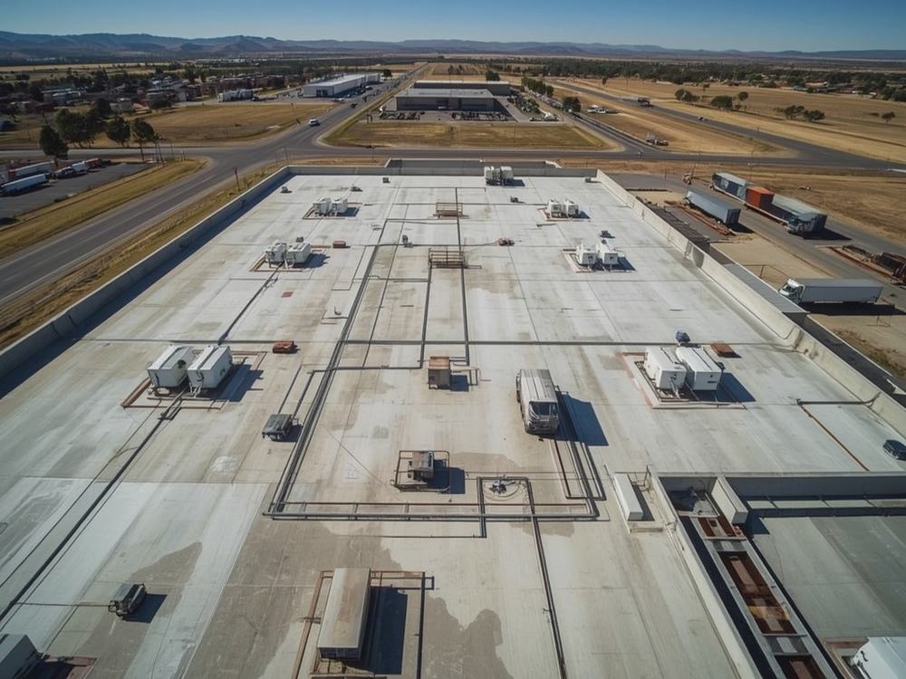Finished commercial roof with HVAC curbs and drains in American Canyon, California