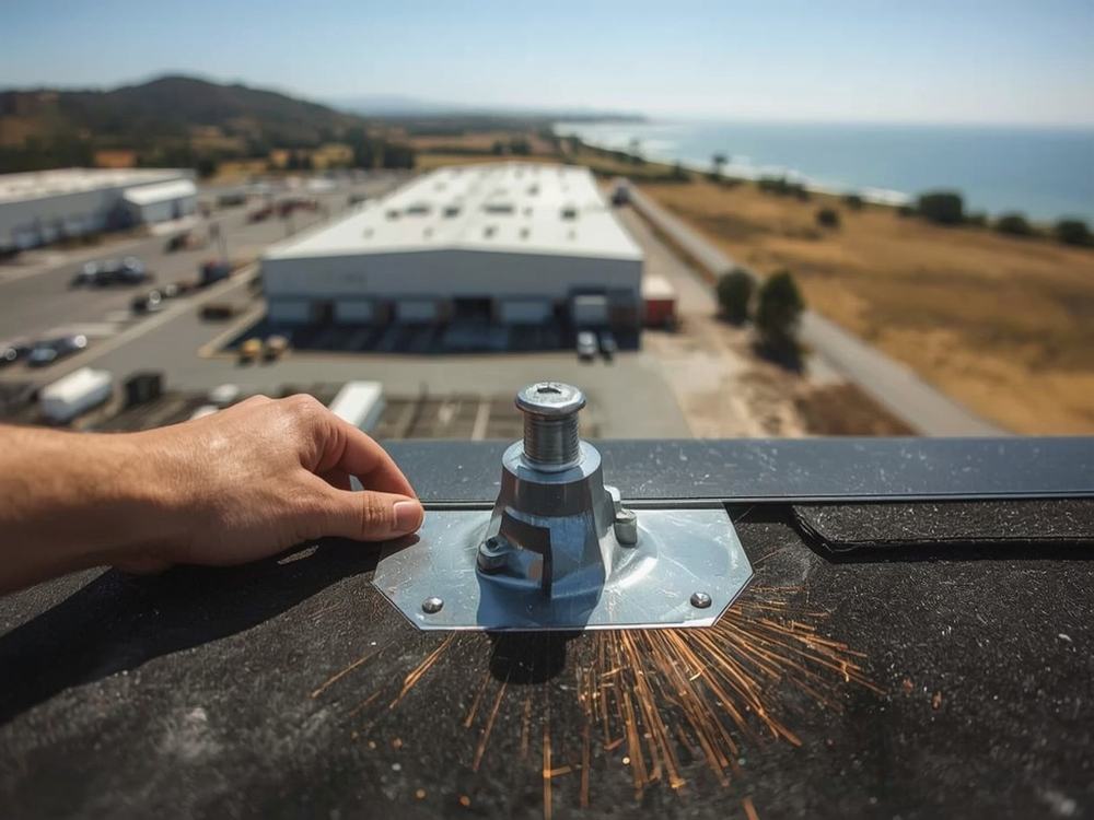 Close-up of a welded membrane seam and flashing detail on a commercial roof in Benicia, California