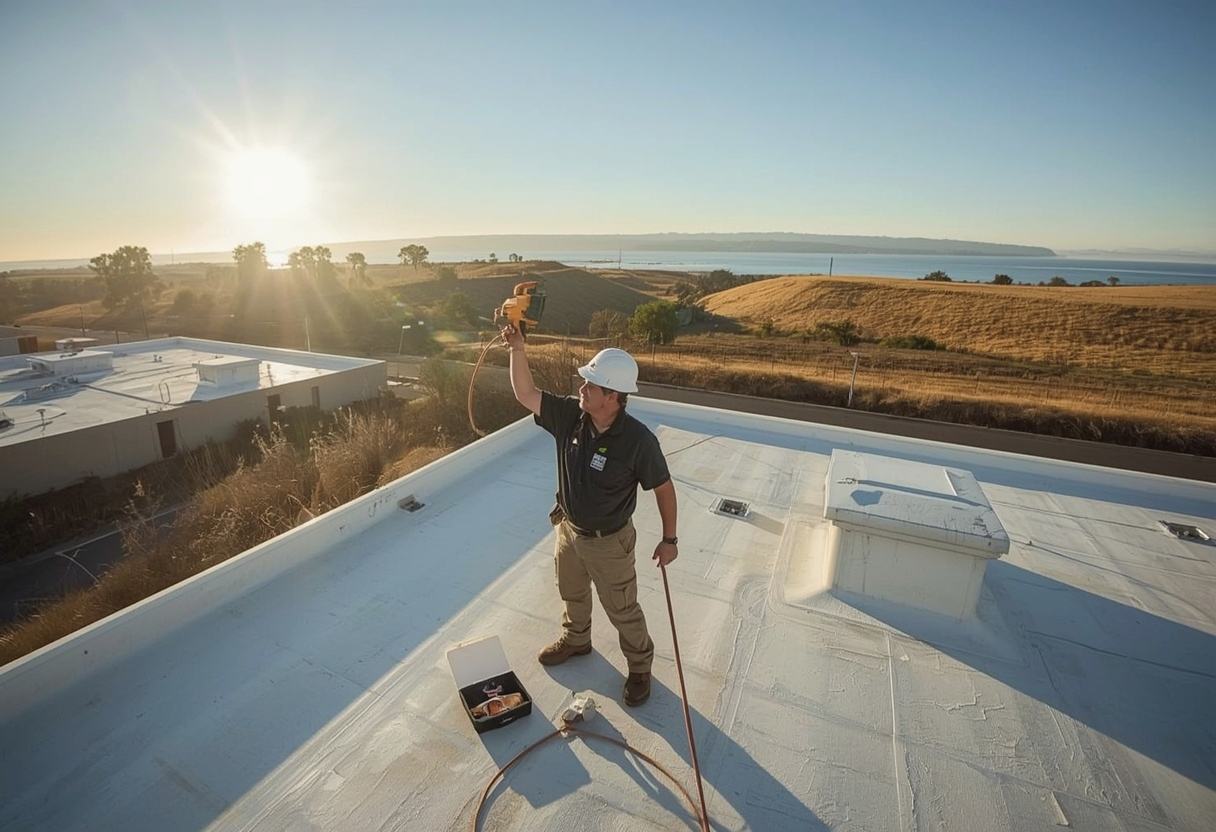 Inspector surveying a flat roof with an infrared camera in Benicia, California