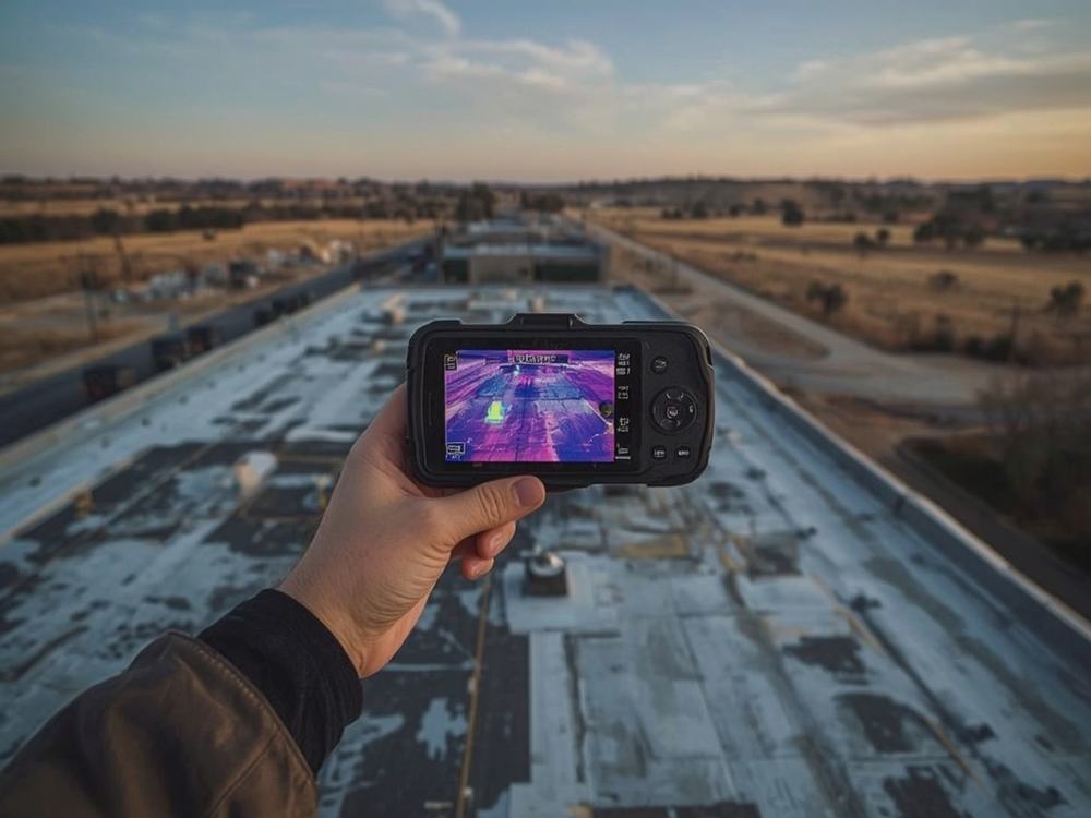 Infrared camera showing warm patches of wet insulation on a flat roof