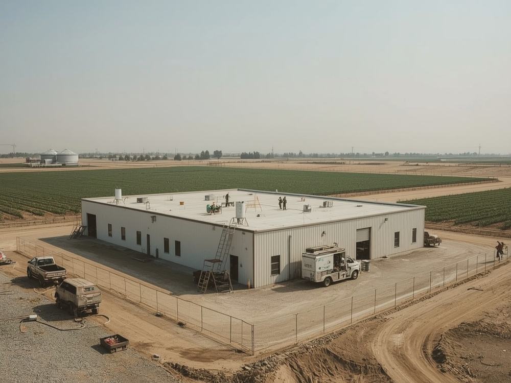 Roofing crew working on the low-slope roof of a small commercial building in Dixon, California