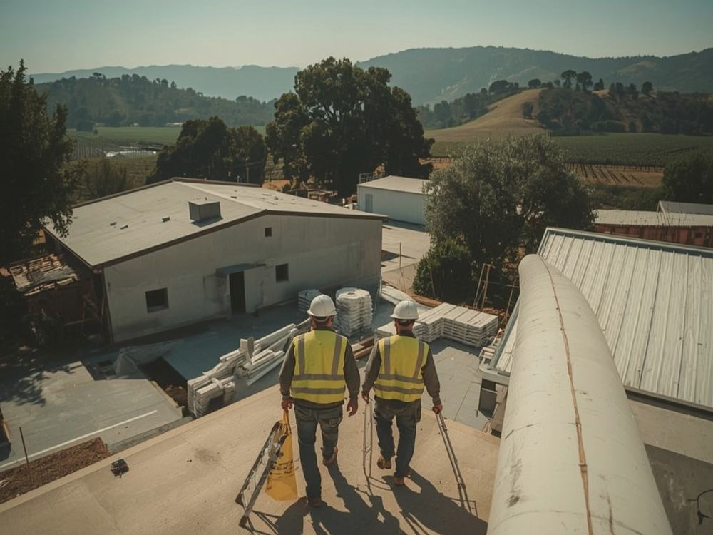 Roofers carrying a membrane roll and ladder to a commercial building in Napa, California
