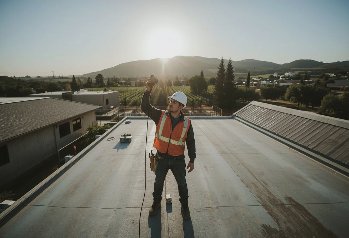 Inspector surveying a flat roof with an infrared camera in Napa, California