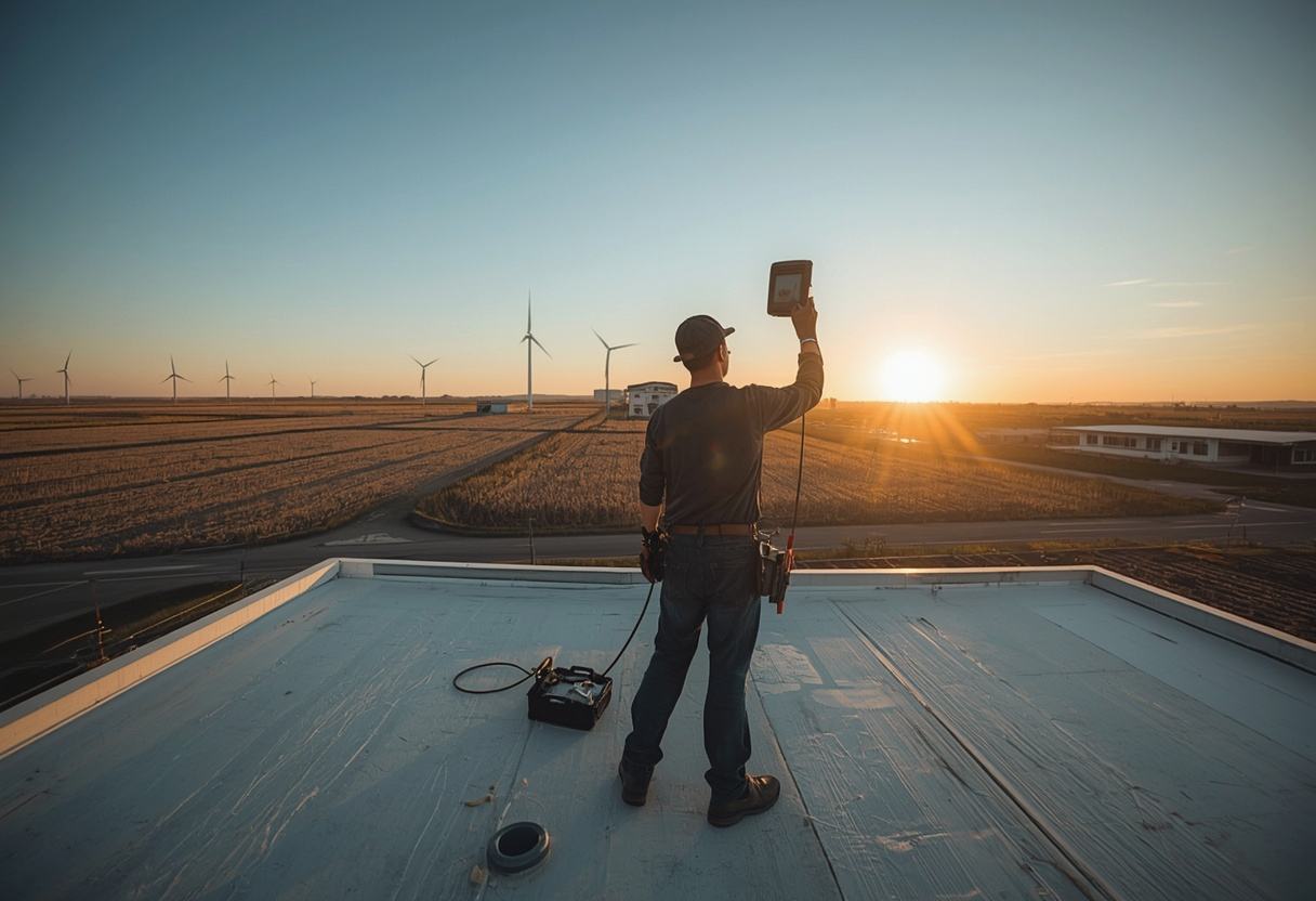 Inspector surveying a flat roof with an infrared camera in Rio Vista, California