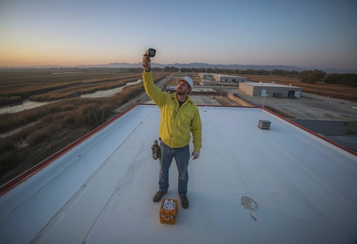 Inspector surveying a flat roof with an infrared camera in Suisun City, California