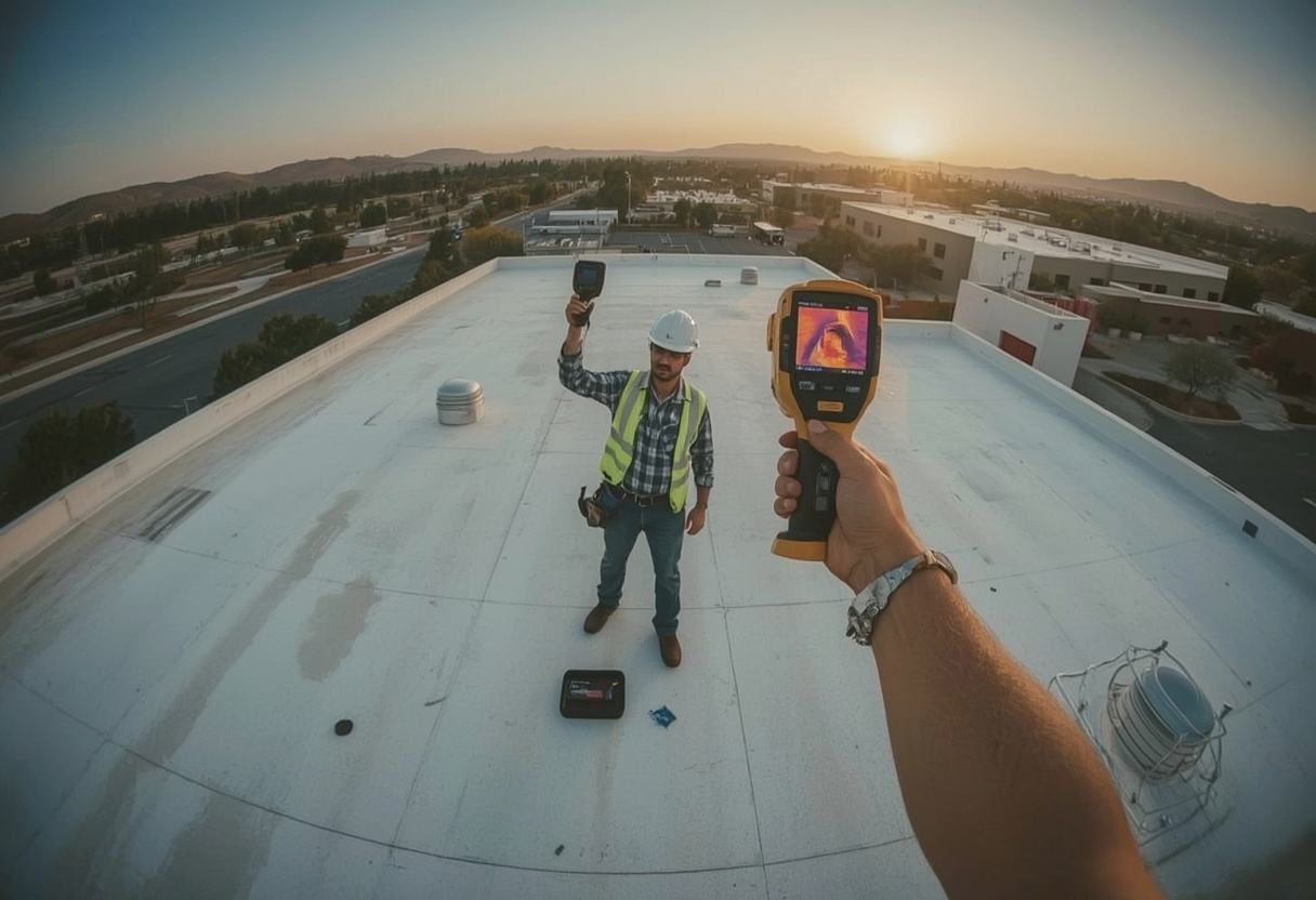 Inspector surveying a flat roof with an infrared camera in Vacaville, California