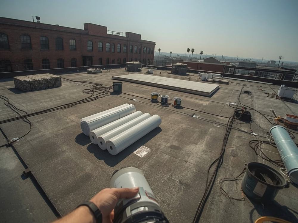Roofing membrane, insulation boards and equipment staged on a commercial roof in Vallejo, California