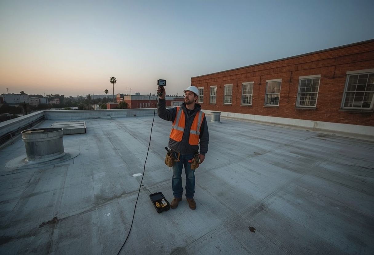 Inspector surveying a flat roof with an infrared camera in Vallejo, California