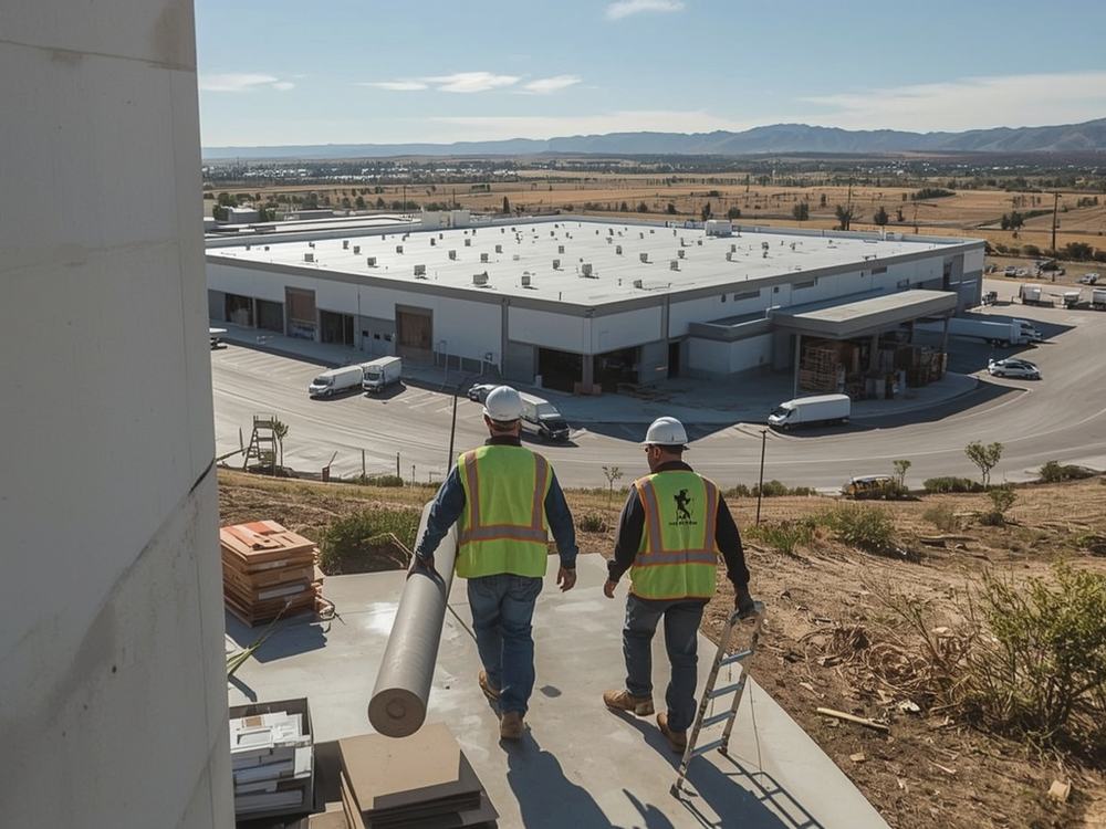 Roofers carrying a membrane roll and ladder to a commercial building in American Canyon, California