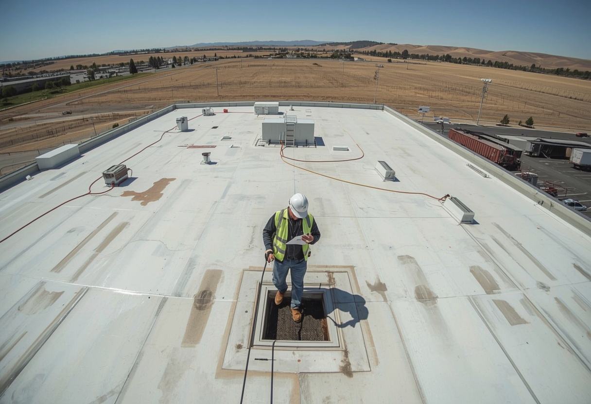 Technician on a scheduled roof maintenance inspection in American Canyon, California