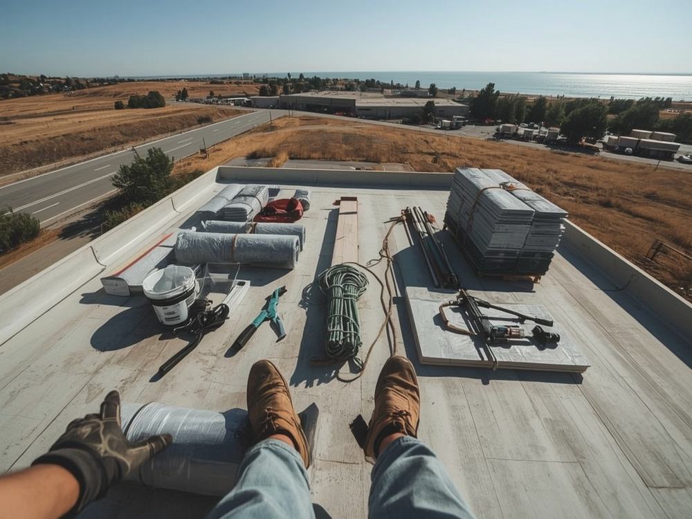 Roofing membrane, insulation boards and equipment staged on a commercial roof in Benicia, California