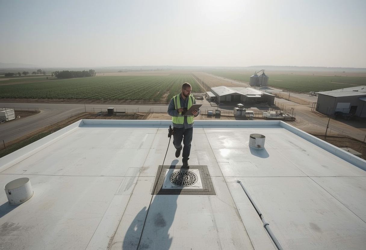 Technician on a scheduled roof maintenance inspection in Dixon, California