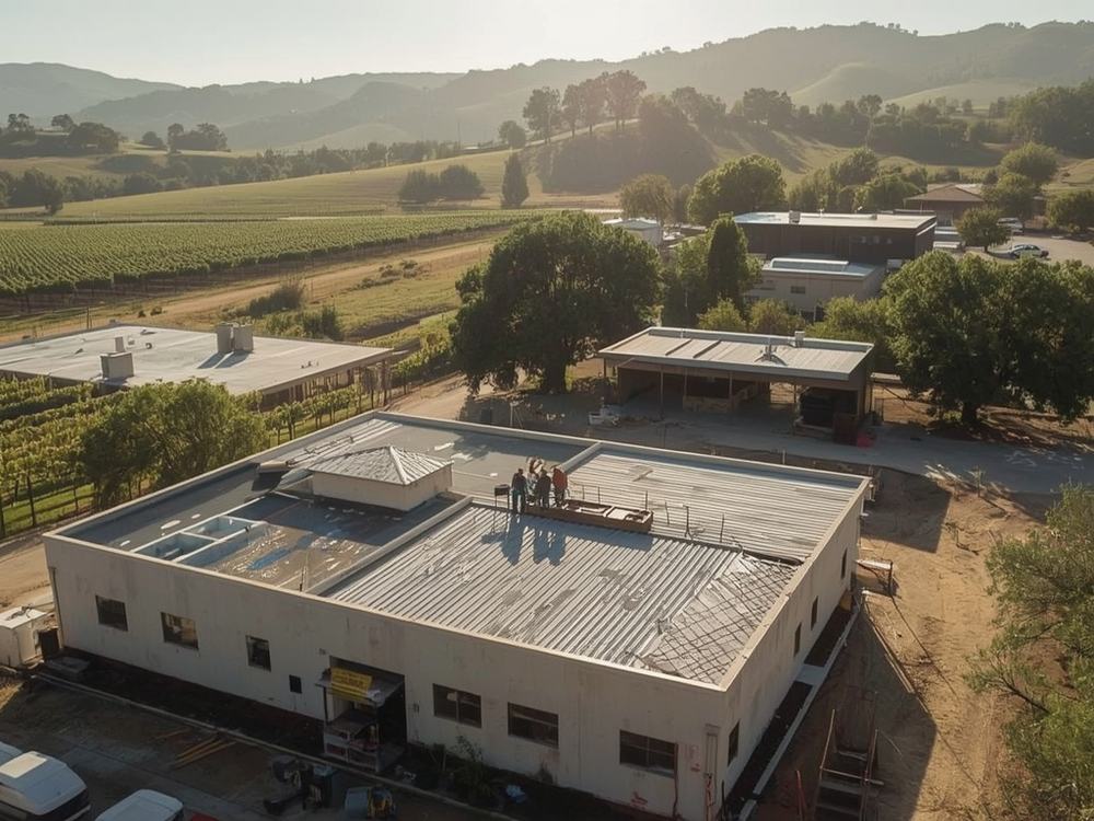 Roofing crew working on the low-slope roof of a small commercial building in Napa, California
