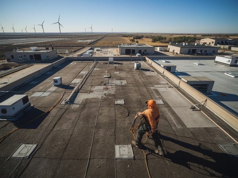 Finished commercial roof with HVAC curbs and drains in Rio Vista, California
