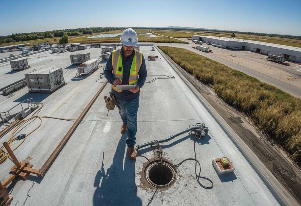 Technician on a scheduled roof maintenance inspection in Suisun City, California