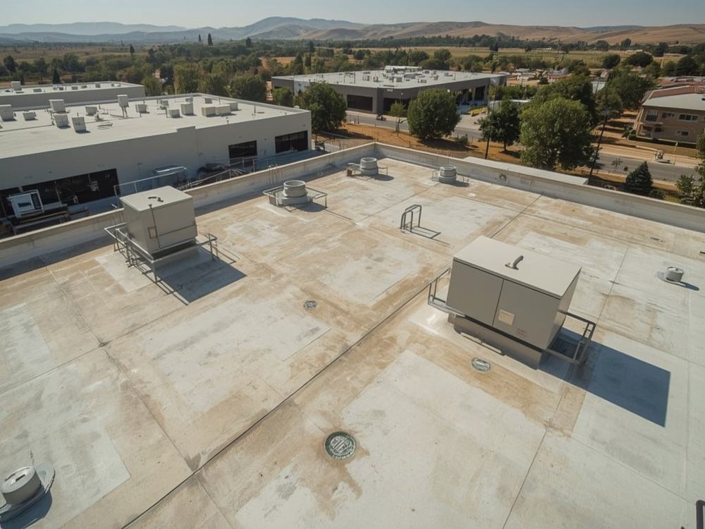 Finished commercial roof with HVAC curbs and drains in Vacaville, California