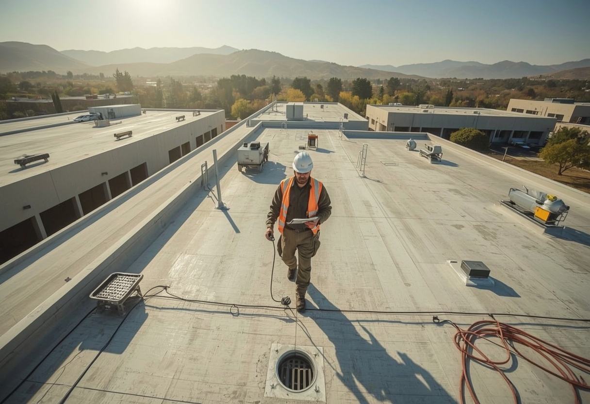 Technician on a scheduled roof maintenance inspection in Vacaville, California