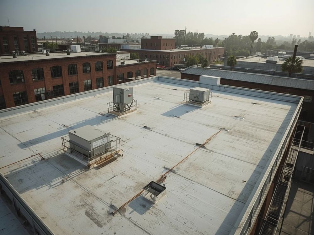 Completed flat roof membrane and perimeter edge metal on a commercial building in Vallejo, California