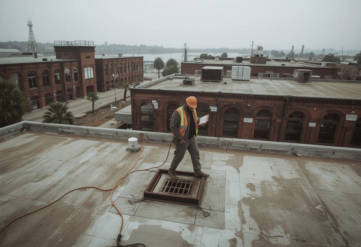 Technician on a scheduled roof maintenance inspection in Vallejo, California
