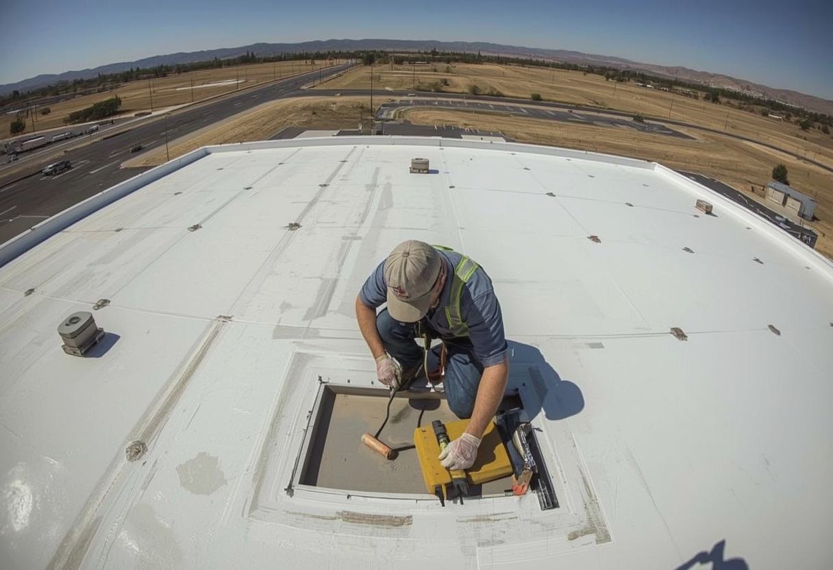 Roofing technician repairing a flat roof membrane in American Canyon, California