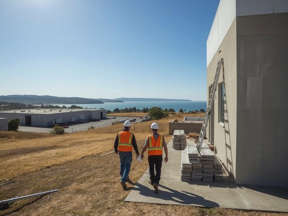 Roofers carrying a membrane roll and ladder to a commercial building in Benicia, California