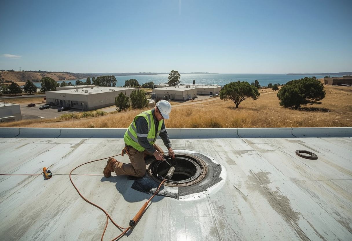 Roofing technician repairing a flat roof membrane in Benicia, California