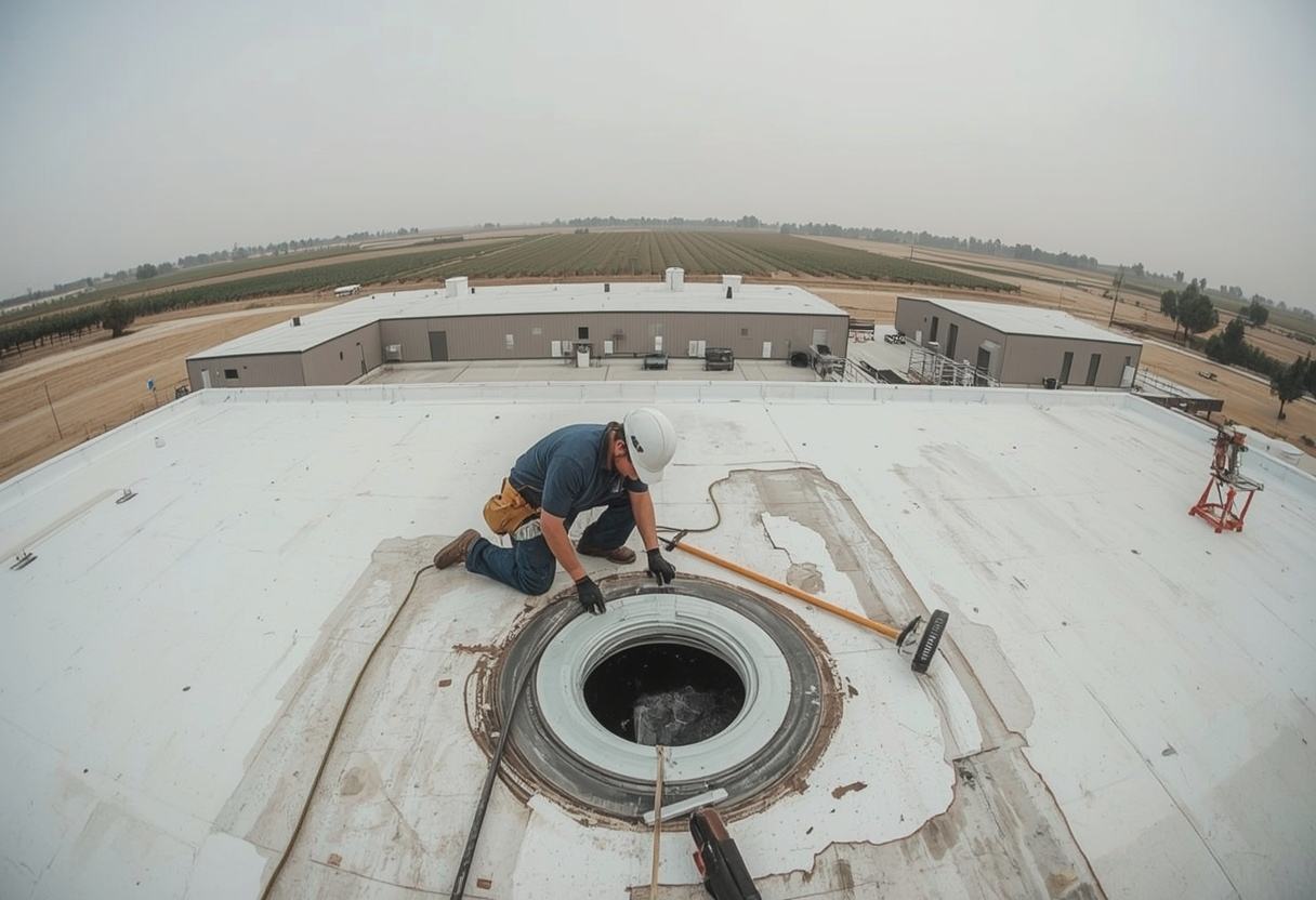Roofing technician repairing a flat roof membrane in Dixon, California