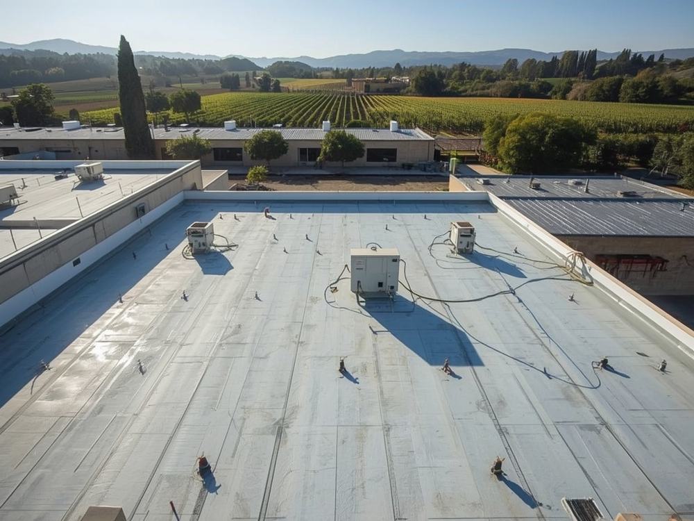Completed flat roof membrane and perimeter edge metal on a commercial building in Napa, California