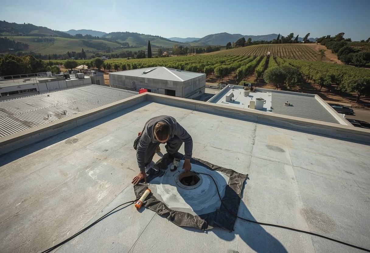 Roofing technician repairing a flat roof membrane in Napa, California
