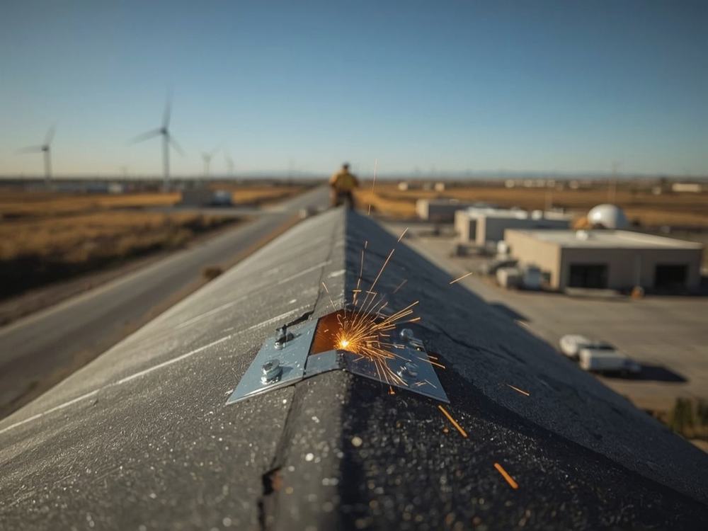 Close-up of a welded membrane seam and flashing detail on a commercial roof in Rio Vista, California