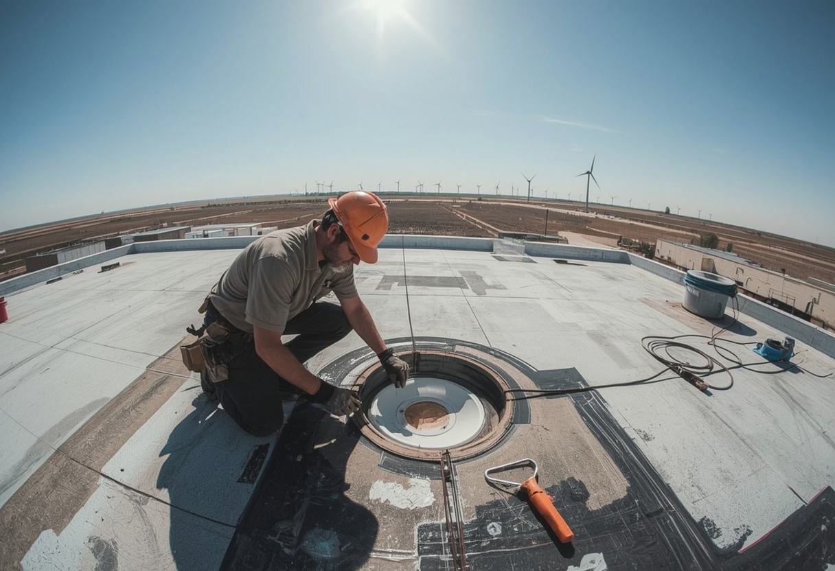 Roofing technician repairing a flat roof membrane in Rio Vista, California