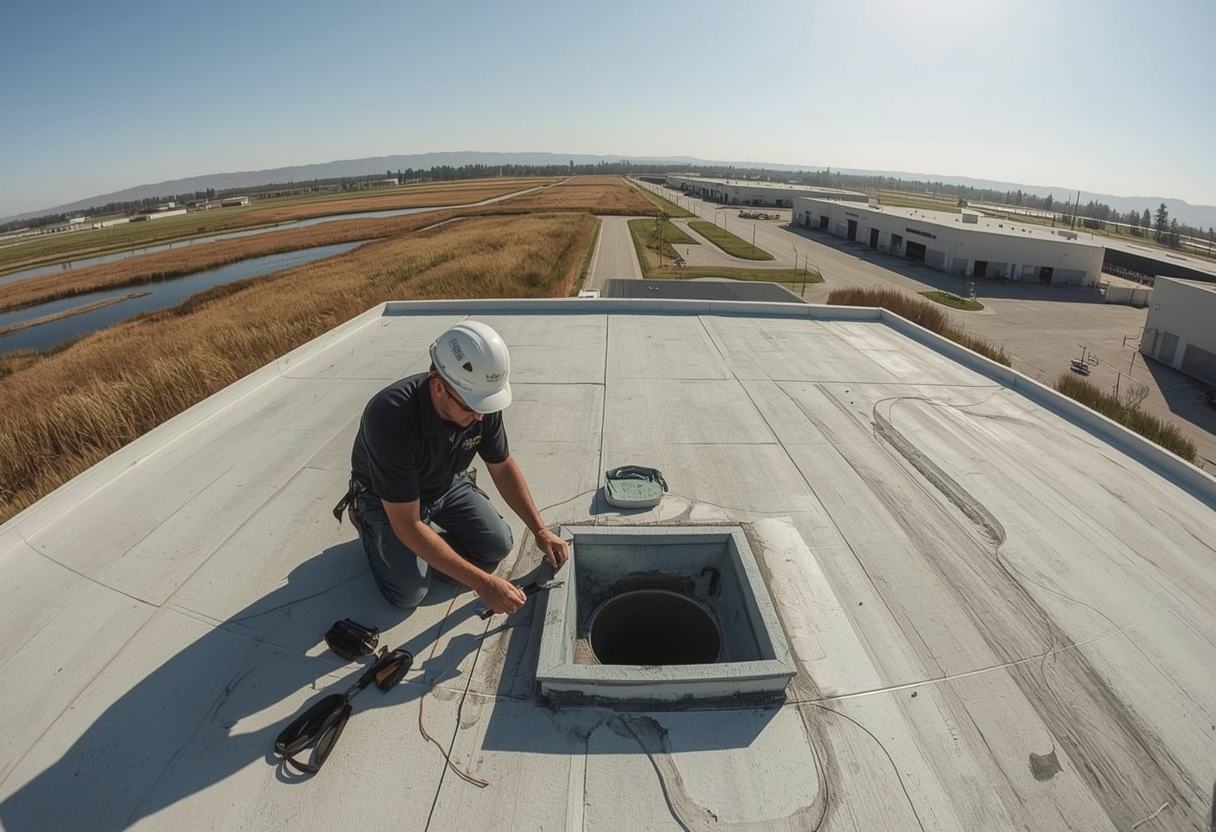 Roofing technician repairing a flat roof membrane in Suisun City, California