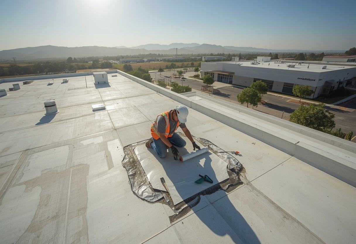 Roofing technician repairing a flat roof membrane in Vacaville, California