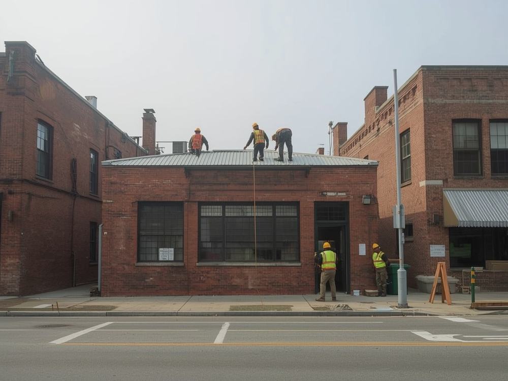 Roofing crew working on the low-slope roof of a small commercial building in Vallejo, California