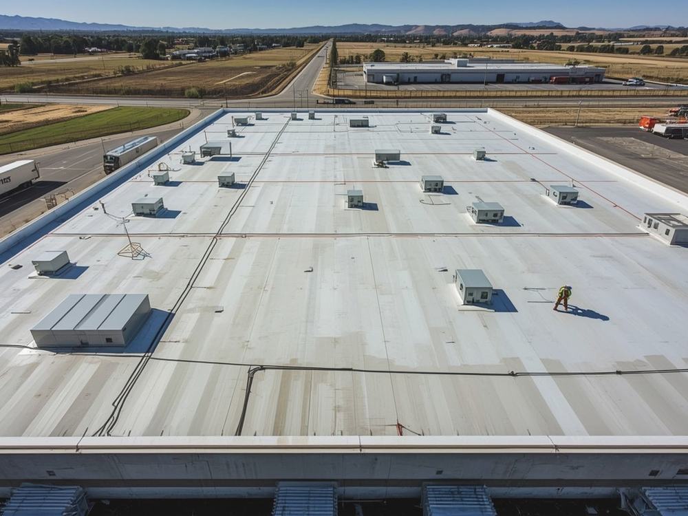 Completed flat roof membrane and perimeter edge metal on a commercial building in American Canyon, California