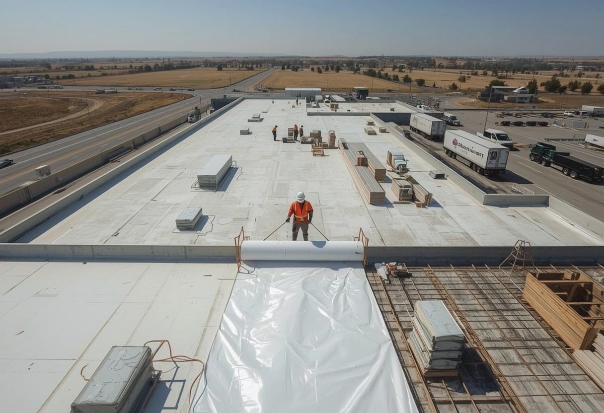 New membrane being rolled out during a commercial roof replacement in American Canyon, California
