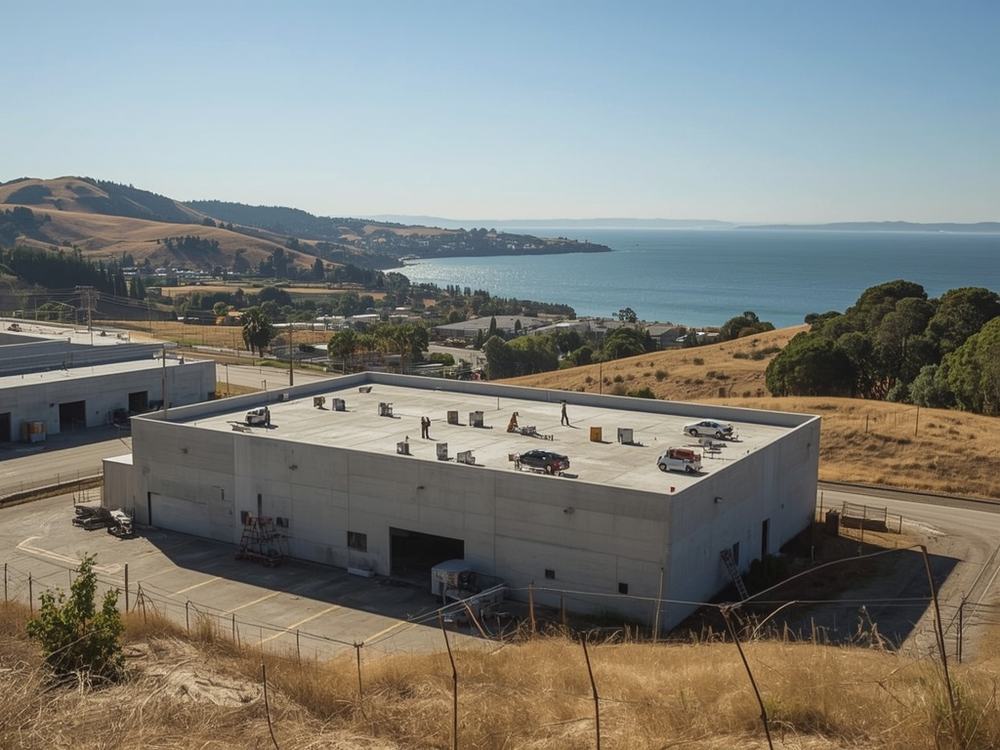 Roofing crew working on the low-slope roof of a small commercial building in Benicia, California